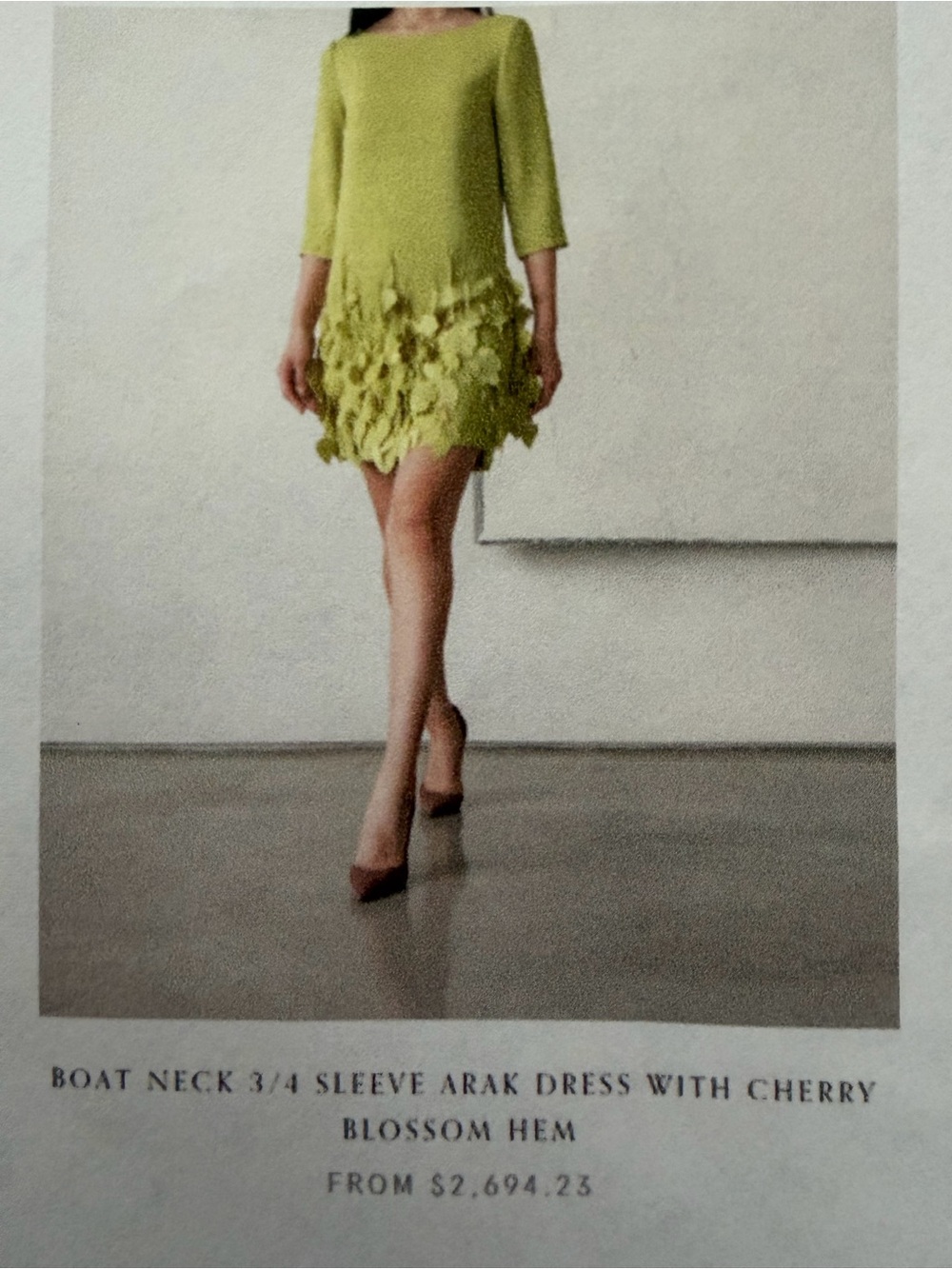 Mini Dress with 3/4 Sleeves and Leaf Appliqué Hem in Chartreuse - Picture 2 of 4